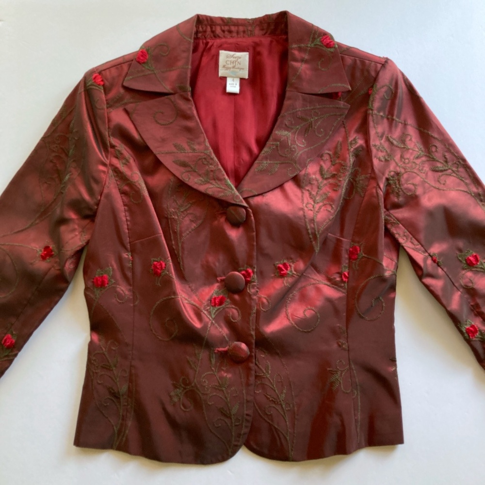 Red Satin Vintage Jacket Size 4 Bust 37” Embroidered Suzi Chin Maggie Boutique